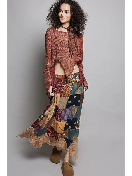 Patchwork Elasticized Waistband Print Panel Woven Skirt