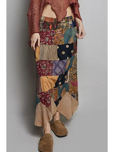 Patchwork Elasticized Waistband Print Panel Woven Skirt