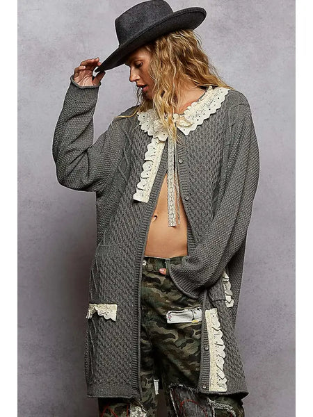 Long Sleeve Cable Knit Ruffled Lace Maxi Sweater Cardigan Charcoal