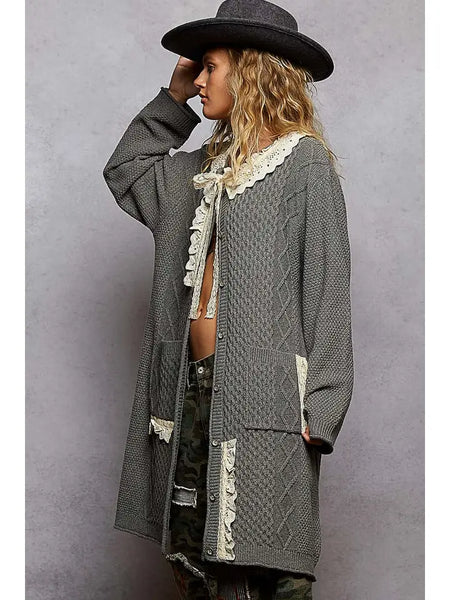 Long Sleeve Cable Knit Ruffled Lace Maxi Sweater Cardigan Charcoal