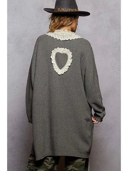 Long Sleeve Cable Knit Ruffled Lace Maxi Sweater Cardigan Charcoal