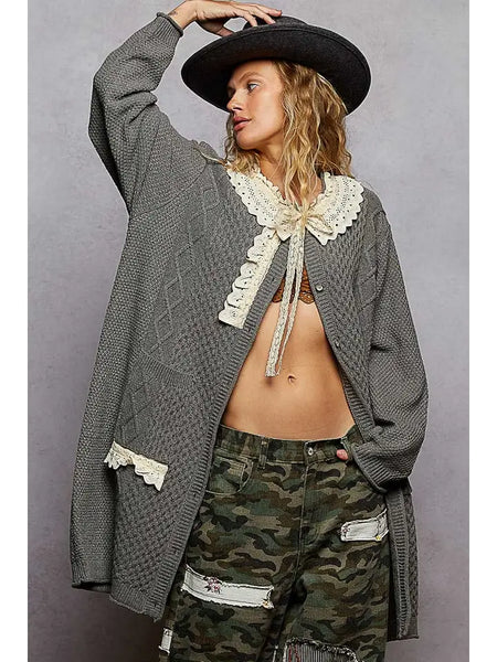 Long Sleeve Cable Knit Ruffled Lace Maxi Sweater Cardigan Charcoal