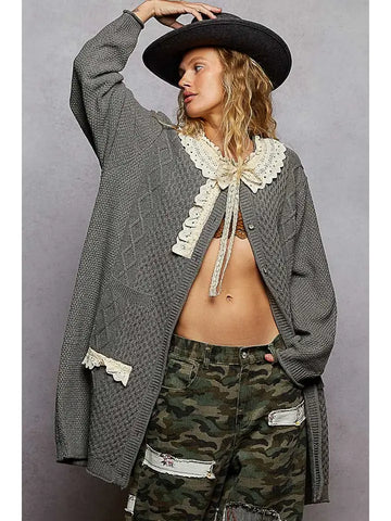 Long Sleeve Cable Knit Ruffled Lace Maxi Sweater Cardigan Charcoal