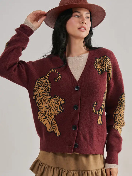 Tiger Jacquard Knit Sweater Cardigan