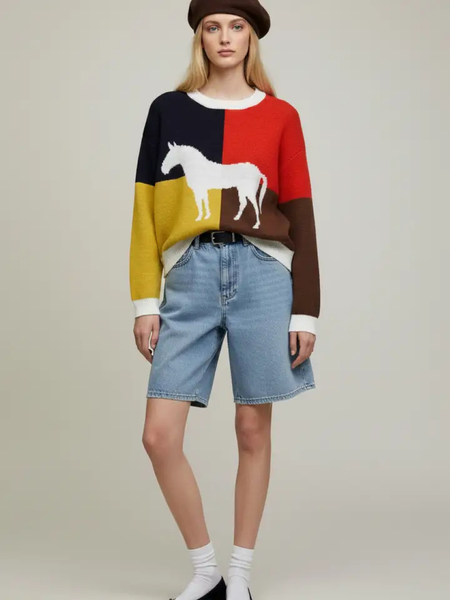 Color Block Horse Knit Sweater