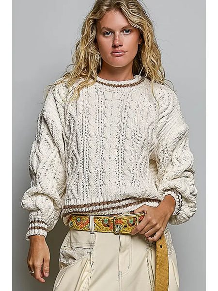 Cable Knit Crewneck Contrast Trim Sweater Top