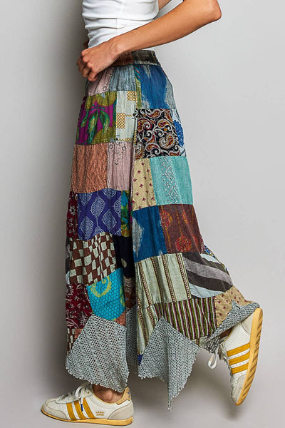 Patchwork Elasticized Waistband Print Panel Woven Skirt