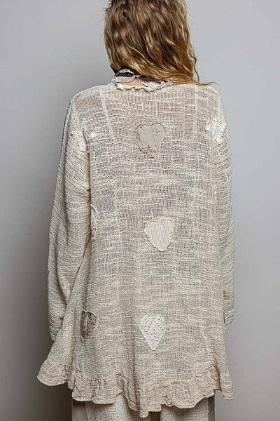 Floral Heart and Star Appliqué Crochet Lace Trim Cardigan