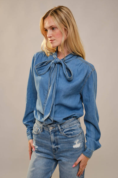 23612T - Tie Neck Hidden Button Chambray Blouse