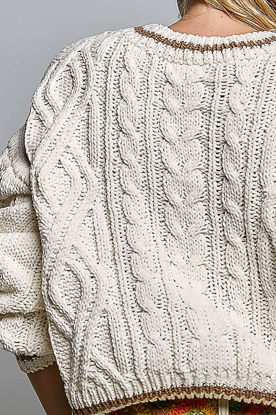 Cable Knit Crewneck Contrast Trim Sweater Top