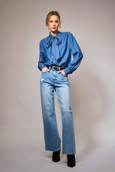 23612T - Tie Neck Hidden Button Chambray Blouse