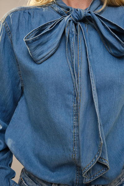 23612T - Tie Neck Hidden Button Chambray Blouse