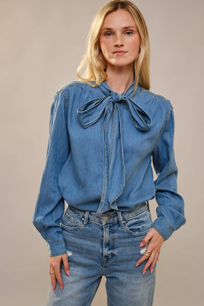 23612T - Tie Neck Hidden Button Chambray Blouse