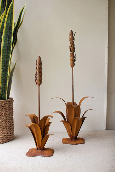 Set of 2 Rustic Metal Aloe Plants with Flowers
