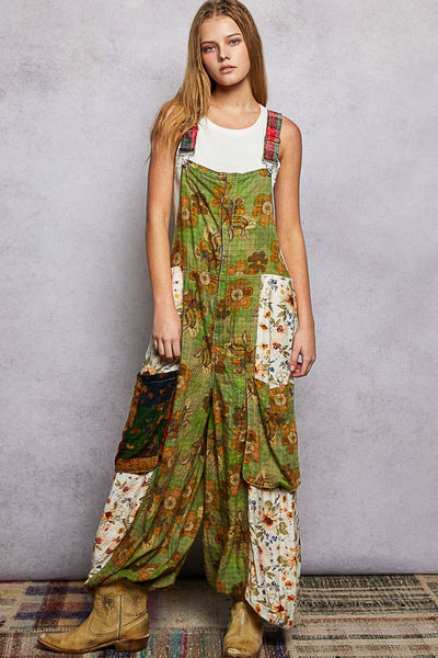Boho Exaggerated Pocket Vintage Print Jogger Fit Overalls