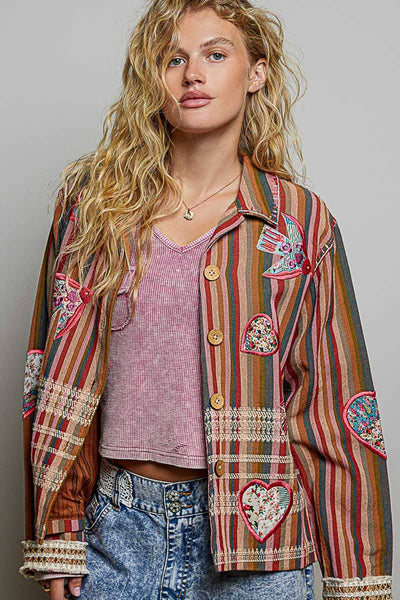 Mixed Striped Plaid Pattern Blocking Raw-Edge Trim Jacket