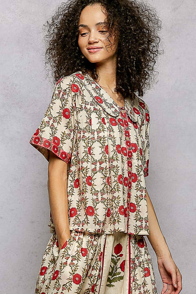 Floral Pattern V-Neck Short Sleeve Roomy Fit Top
