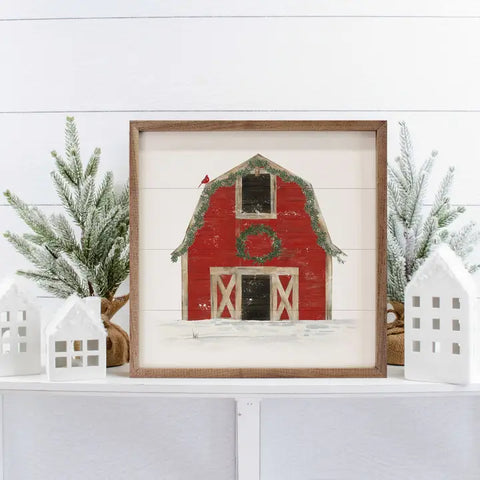 Red Barn with Wreath Cardinal