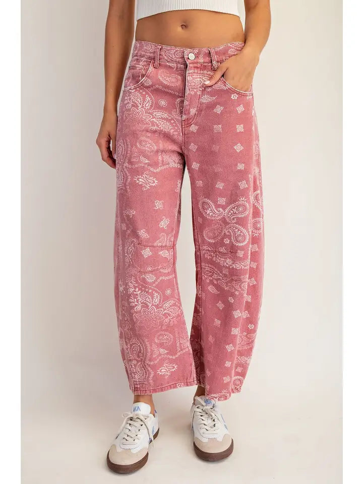 Mineral Washed Paisley Printed Barrel Jeans