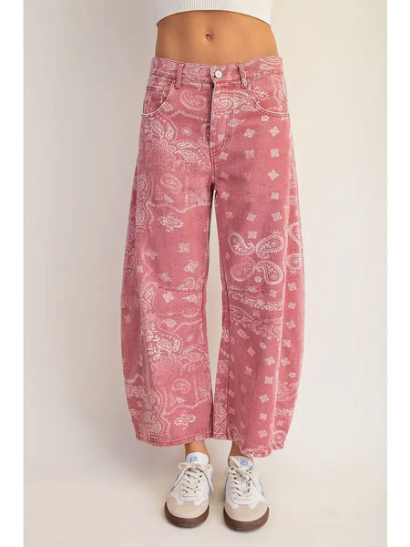 Mineral Washed Paisley Printed Barrel Jeans