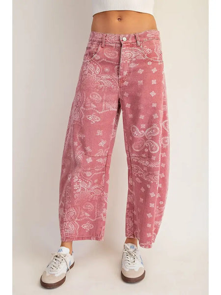 Mineral Washed Paisley Printed Barrel Jeans