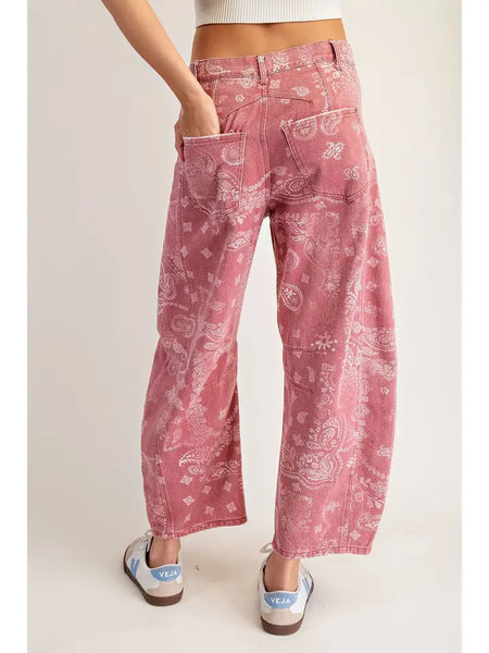 Mineral Washed Paisley Printed Barrel Jeans