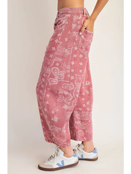 Mineral Washed Paisley Printed Barrel Jeans