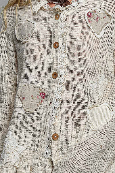 Floral Heart and Star Appliqué Crochet Lace Trim Cardigan