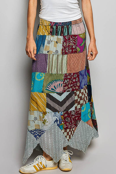 Patchwork Elasticized Waistband Print Panel Woven Skirt