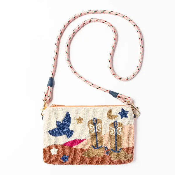 Ink Alloy Leila Boot Seed Bead Clutch with Strap