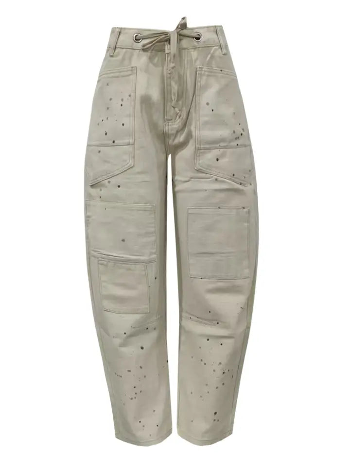 Braided Drawstring Patchwork Barrel Jeans