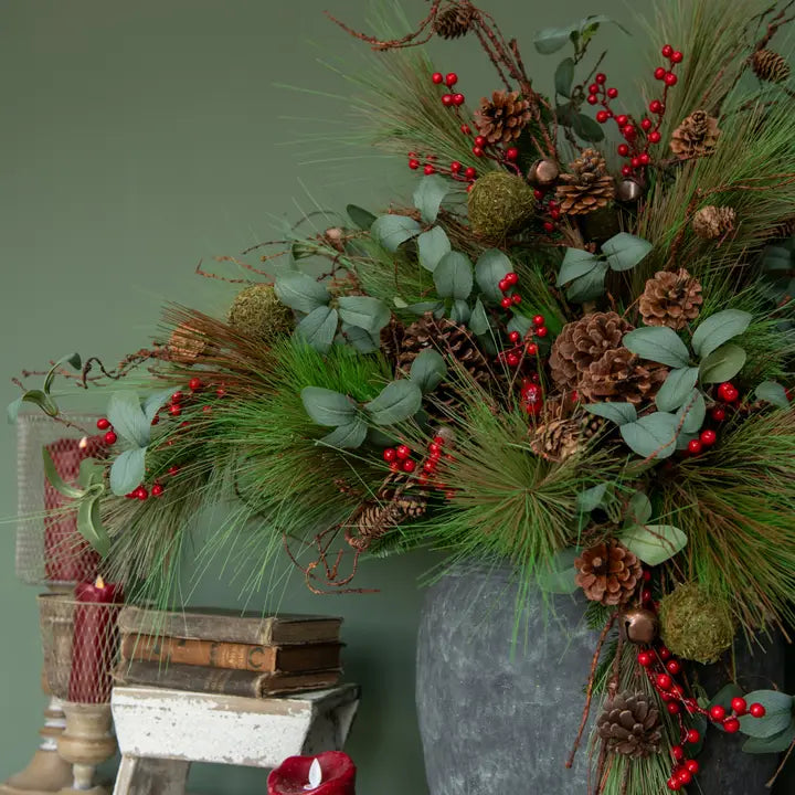 36" Long Needle Pine, Berries, Bells & Moss Ball Spray