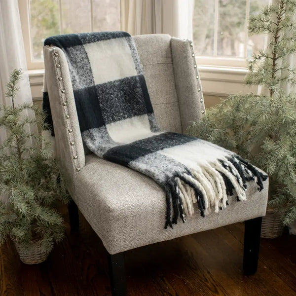 60" Black & White Check Blanket w/ Fringe