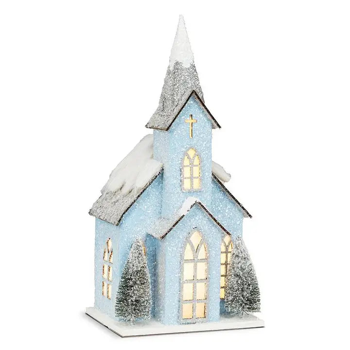 Medium Snowy Blue Glitter Church w/ Led - 4.5X5.5"W