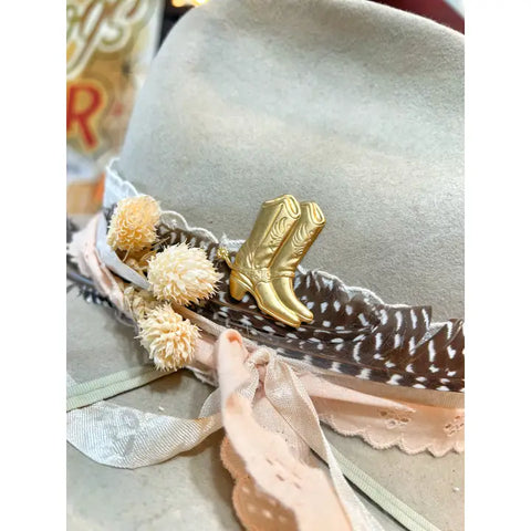 Aged Brass Cowboy Boots Hat Pin Hat Bar