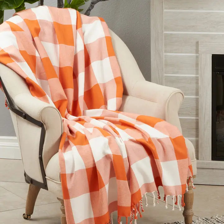 Buffalo Plaid Cotton Throw Blanket with Tassel