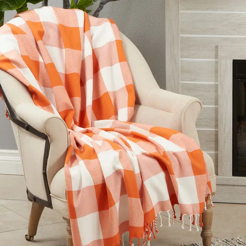 Buffalo Plaid Cotton Throw Blanket with Tassel