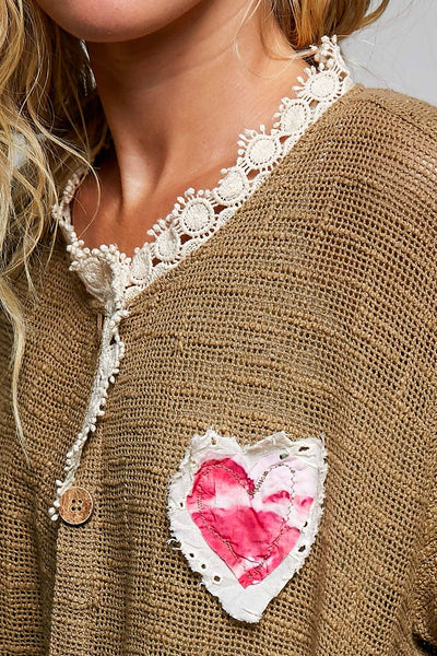 Floral Heart and Star Appliqué Crochet Lace Trim Cardigan