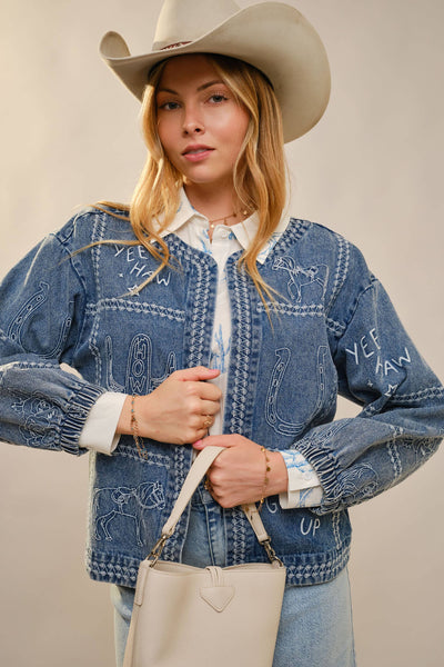23883J Western Embroidery Puff Sleeve Denim Jacket