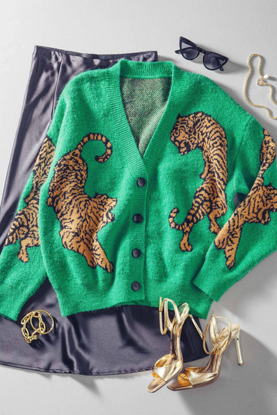 Tiger Jacquard Knit Sweater Cardigan