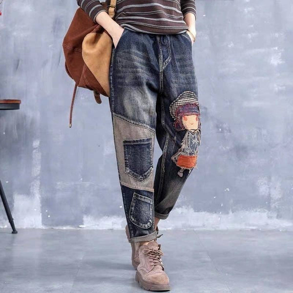 Retro Embroidery Patchwork Casual Loose Harem Jeans