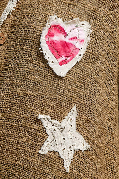 Floral Heart and Star Appliqué Crochet Lace Trim Cardigan