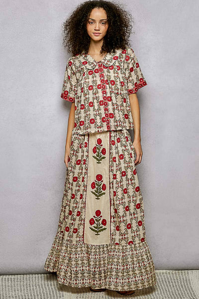 Floral Pattern V-Neck Short Sleeve Roomy Fit Top