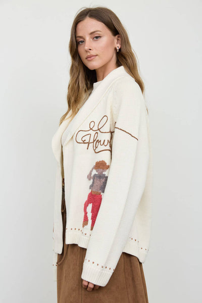 HOWDY COWBOY JACQUARD SHAWL COLLAR KNIT CARDIGAN