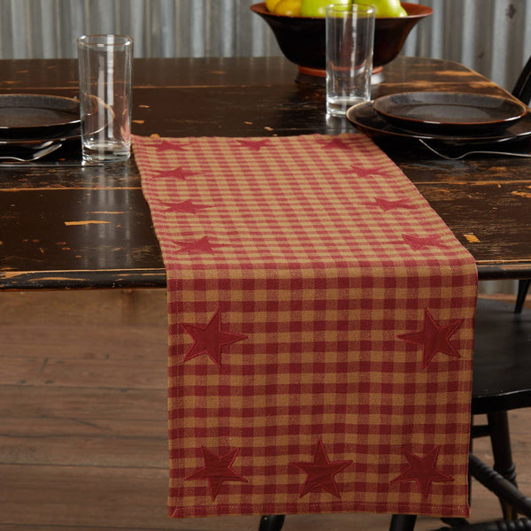 Burgundy Tan Star Check Table Runner Woven 13x36