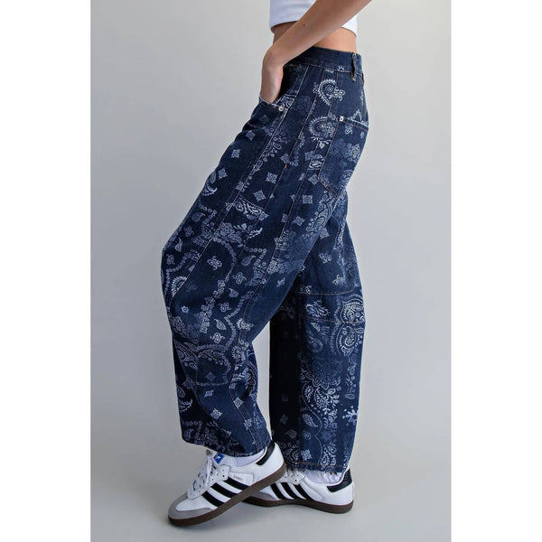 Mineral Washed Paisley Printed Jeans
