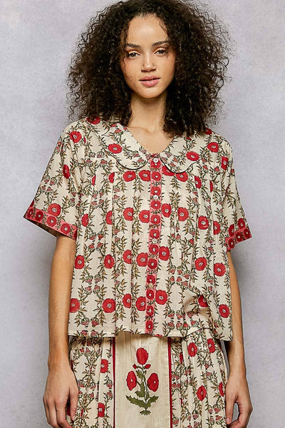 Floral Pattern V-Neck Short Sleeve Roomy Fit Top