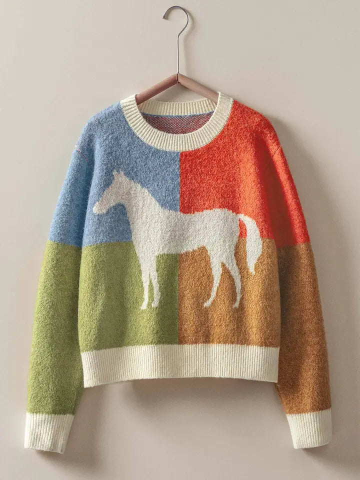 Colorblock Horse Intarsia Graphic Sweater