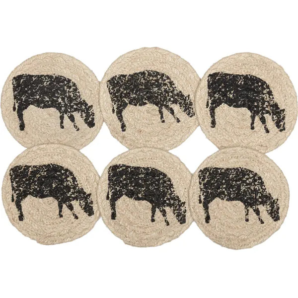 Charcoal Cow Jute Coaster Set of 6