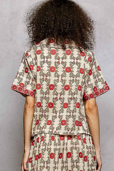 Floral Pattern V-Neck Short Sleeve Roomy Fit Top